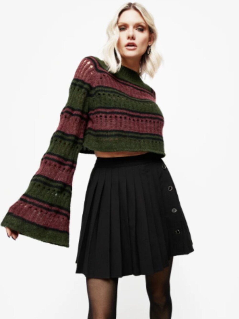 Striped Bell-Sleeve Cropped Sweater - Olive & Burgundy